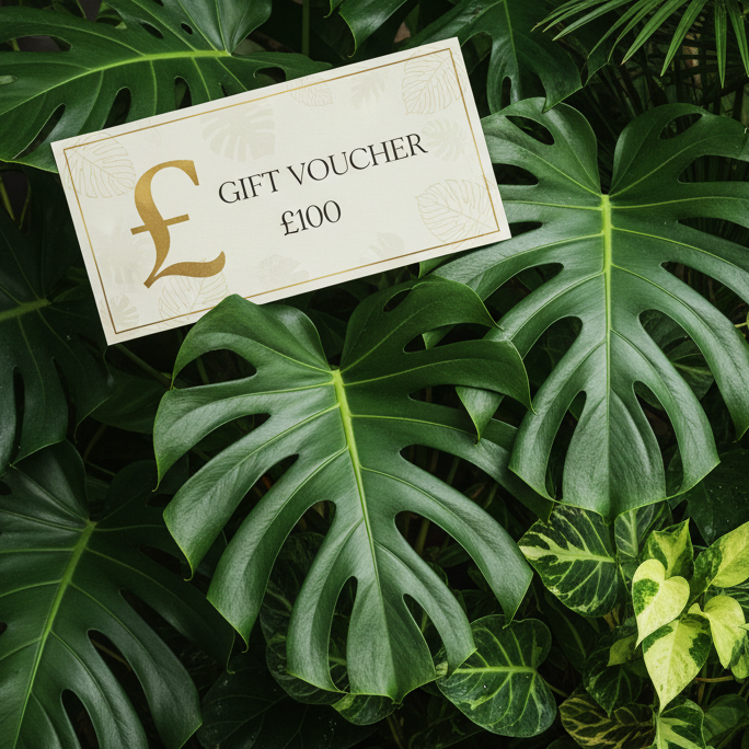 Gift voucher on the left hand side top corner away from the centre in £ Surrounded by lush tropical house plants 